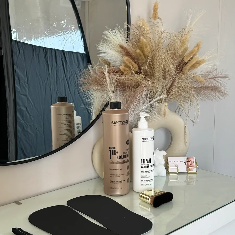 Professional spray tan preparation products, including barrier cream and hygienic sticky feet, used by Spray Tans by Lucy Mae