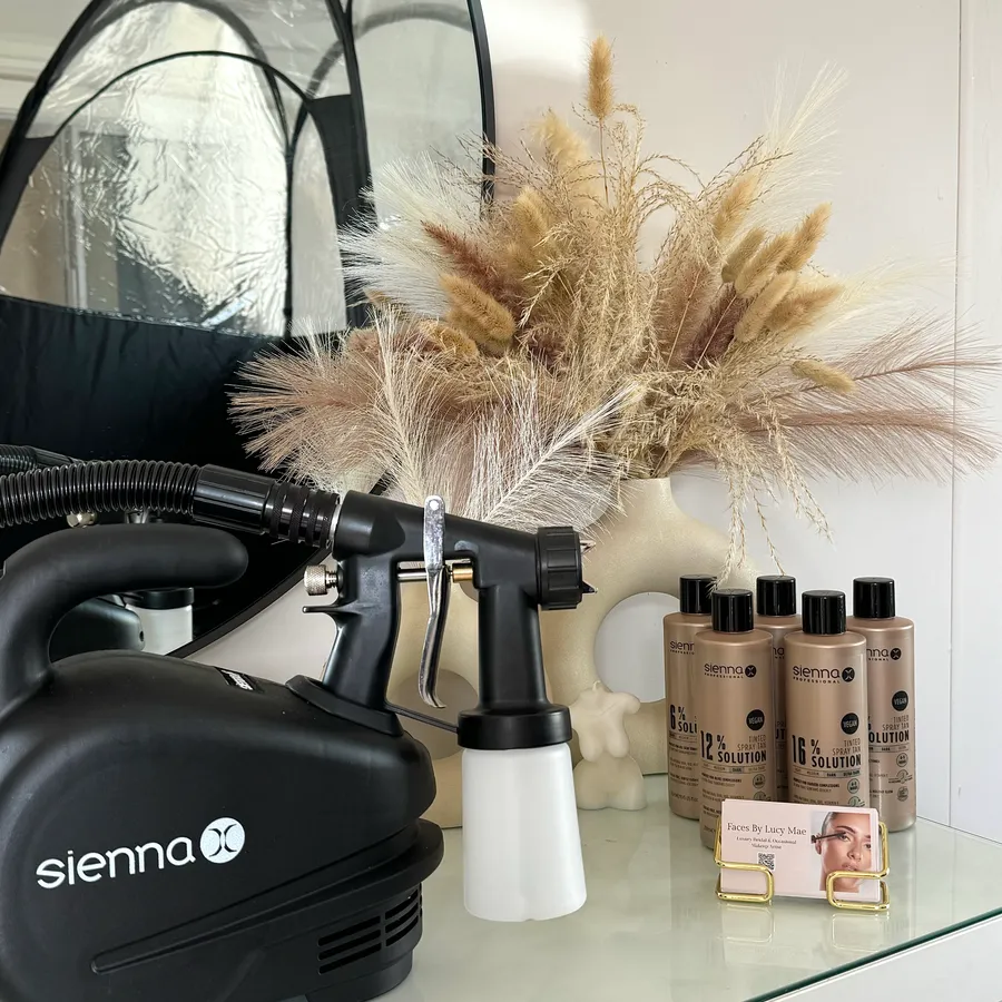 Premium Sienna X spray tan solutions and professional spray tanning equipment used by Spray Tans by Lucy Mae